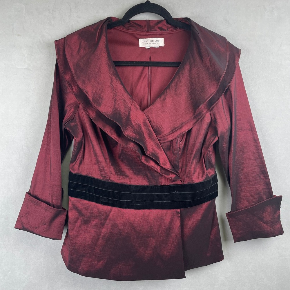 VTG Jackie Jon New York Burgundy Taffeta Shawl Collar Gothic‎ Top Velvet Waist M